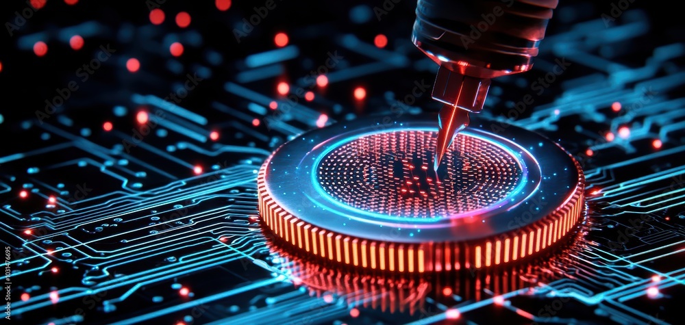 Fototapeta premium Close-up of a futuristic circuit board with a laser engraving process, high-tech innovation concept.