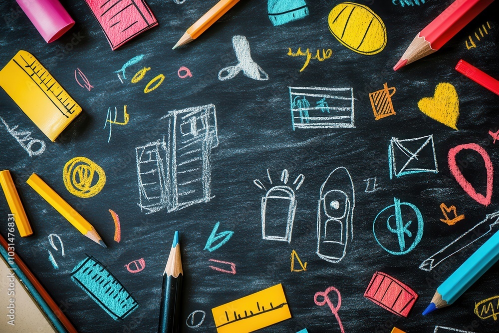 Colorful school supplies and drawings on a blackboard. Pencils, erasers, and chalk depict creative and educational concepts. Colorful school supplies and drawings on a blackboard. Pencils, erasers, and chalk depict creative and educational concepts.