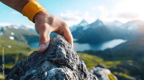 Rock climber scaling a steep rugged cliff face with determination and focus reaching for the next hold to conquer the challenging outdoor adventure photo