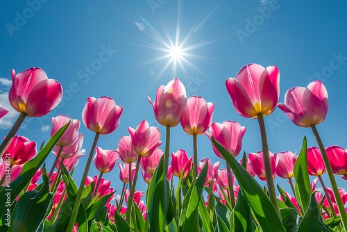 A field of pink tulips with the sun in the background