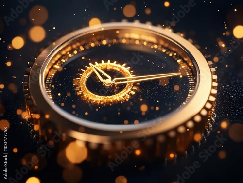 Close-up of an elegant golden watch face with sparkling bokeh lights in the background, representing luxury and time.