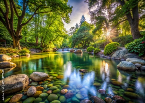 Long Exposure of Underwater Pebble Rock Garden Decor in Nature Park - Serene Outdoor Daytime View