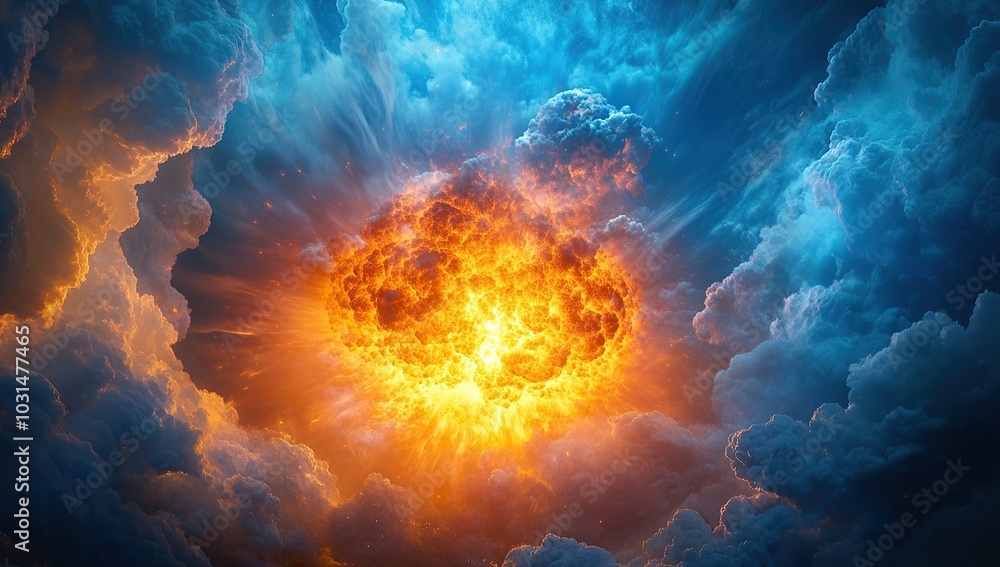 A photograph of an explosion in the clouds, with blue and orange lighting A photograph of an explosion in the clouds, with blue and orange lighting