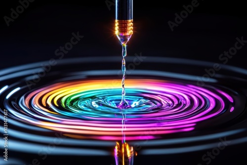 Colorful water ripple effect created by a drop; vibrant hues on a dark background. photo