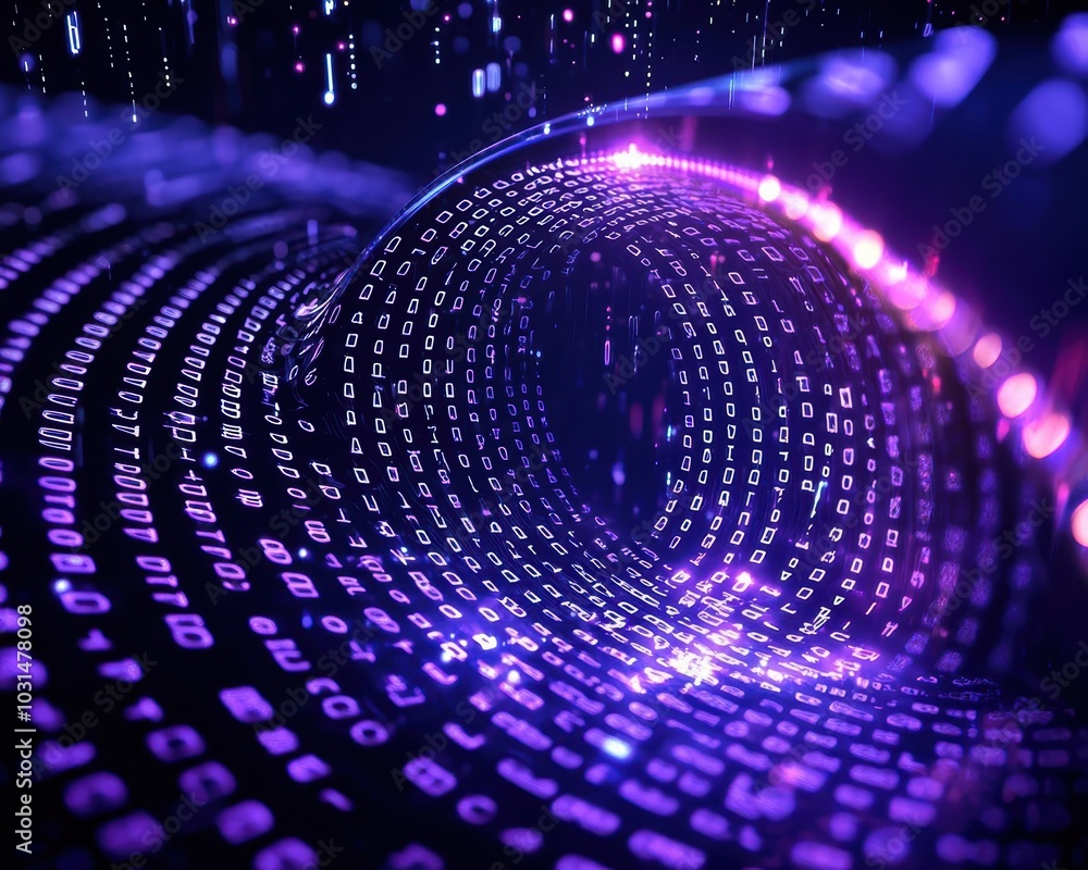 Futuristic digital wave with binary numbers and purple light effects, abstract representation of data flow. Futuristic digital wave with binary numbers and purple light effects, abstract representation of data flow.