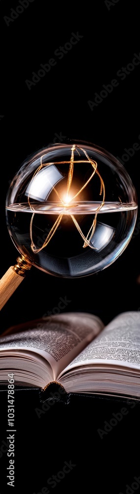 Magnifying glass over an open book, highlighting knowledge and discovery on a dark background. Magnifying glass over an open book, highlighting knowledge and discovery on a dark background.