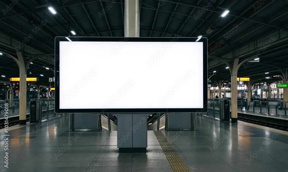 A large blank billboard with a white screen stands in the middle of a modern train station platform, surrounded by industrial architecture and fluorescent lights, waiting for an advertisement A large blank billboard with a white screen stands in the middle of a modern train station platform, surrounded by industrial architecture and fluorescent lights, waiting for an advertisement