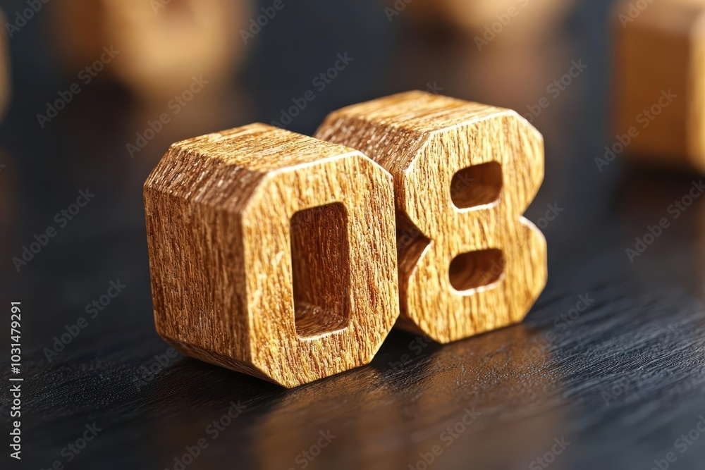 Wooden block numbers 0 and 8 on a dark surface, showcasing craftsmanship and unique design. Wooden block numbers 0 and 8 on a dark surface, showcasing craftsmanship and unique design.