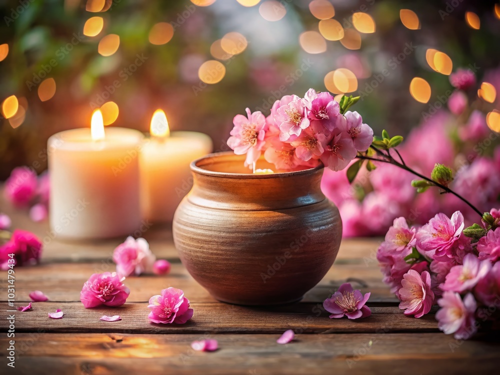 Low Light Photography of a Ceramic Pot with Candle and Pink Flowers for Tranquil Home Decor Low Light Photography of a Ceramic Pot with Candle and Pink Flowers for Tranquil Home Decor