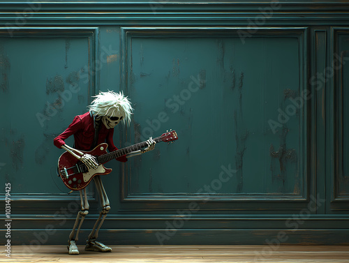 Halloween Skeleton: A Spooky Skeleton Playing a Guitar, Celebrating the Spirit of Halloween.A skeleton strumming a guitar indoors photo