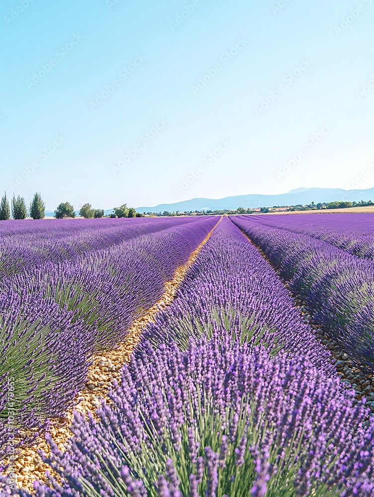 Obraz premium Sunlit Lavender Field in Bloom - Captivating Landscape with Rows of Purple Flowers Under Blue Sky