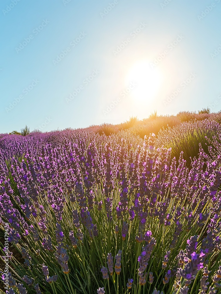 Fototapeta premium Sunlit Lavender Field in Bloom - Captivating Landscape with Rows of Purple Flowers Under Blue Sky