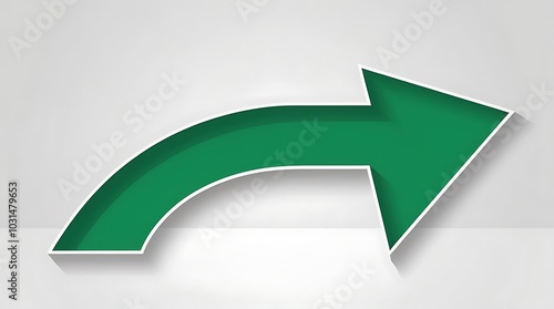 Abstract digital design vector illustration of a simple, stylized green arrow with a curved shape pointing left to the right on a solid white background