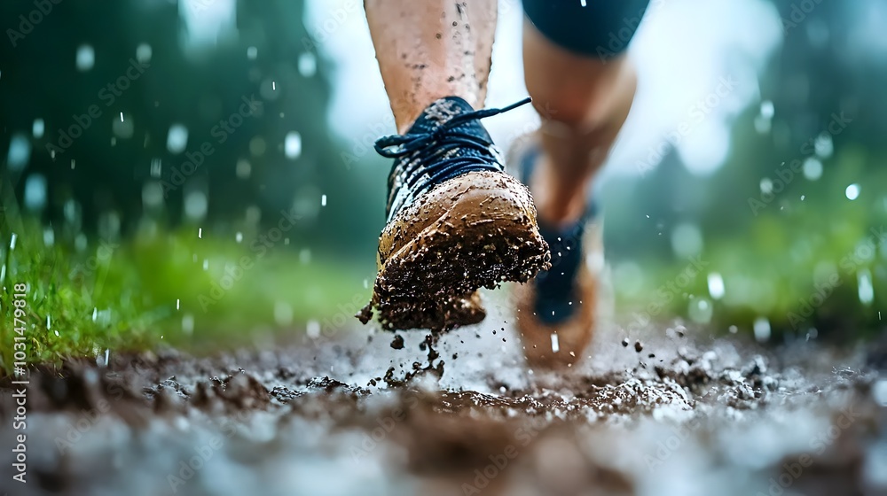 Closeup view of a pair of trail running shoes covered in mud showcasing ...
