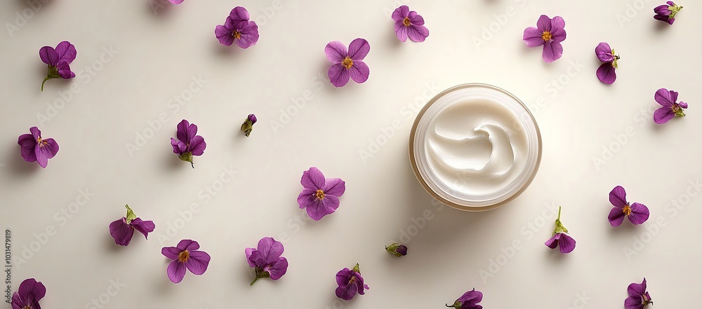 The composition of the background is white, with scattered cream and purple flowers on it The composition of the background is white, with scattered cream and purple flowers on it