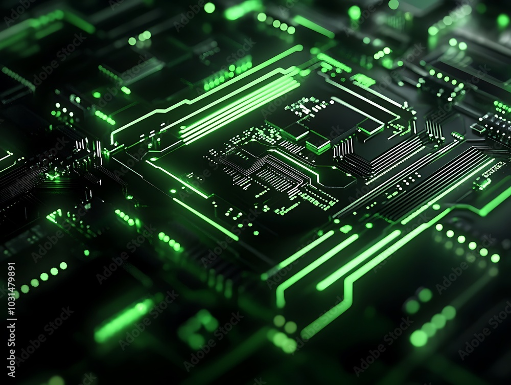 Tech Revolution: Circuit Board Close-Up in Futuristic Poster Art – Digital Age, Technology Focus, Neon Green and Black Palette, UHD Image Tech Revolution: Circuit Board Close-Up in Futuristic Poster Art – Digital Age, Technology Focus, Neon Green and Black Palette, UHD Image
