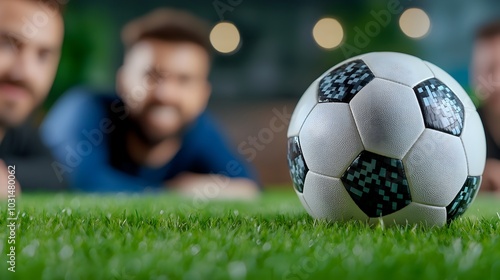 Close up View of Elite Sports League Meeting with Players Strategizing and Discussing Tactics Around a Soccer Ball on the Table