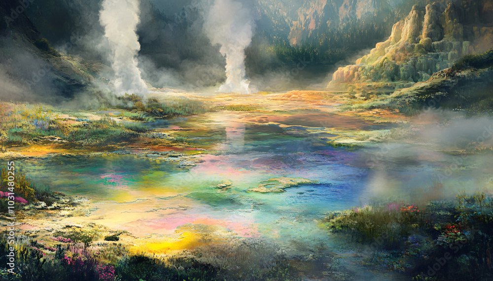 A deep valley dotted with geysers that spout steam in vivid rainbow colors. Pools of colorful hot springs reflect the sky above A deep valley dotted with geysers that spout steam in vivid rainbow colors. Pools of colorful hot springs reflect the sky above