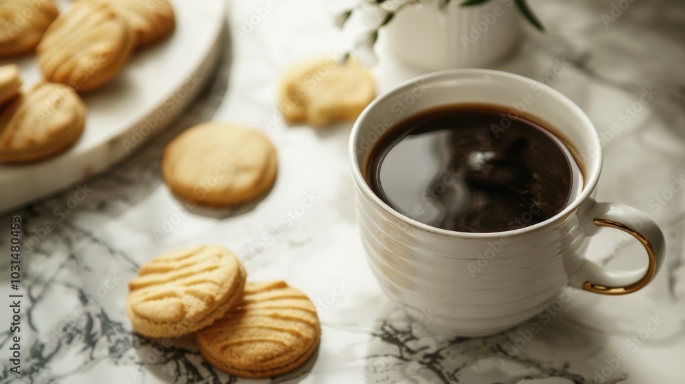 Black Coffee in Porcelain Cup with Butter Cookies on Marble Table Black Coffee in Porcelain Cup with Butter Cookies on Marble Table