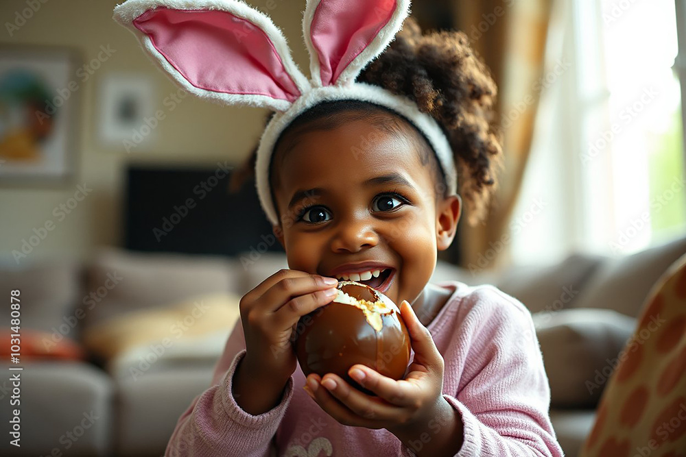 Girl in a rabbit costume is sitting in the park with colorful eggs on Easter day Girl in a rabbit costume is sitting in the park with colorful eggs on Easter day