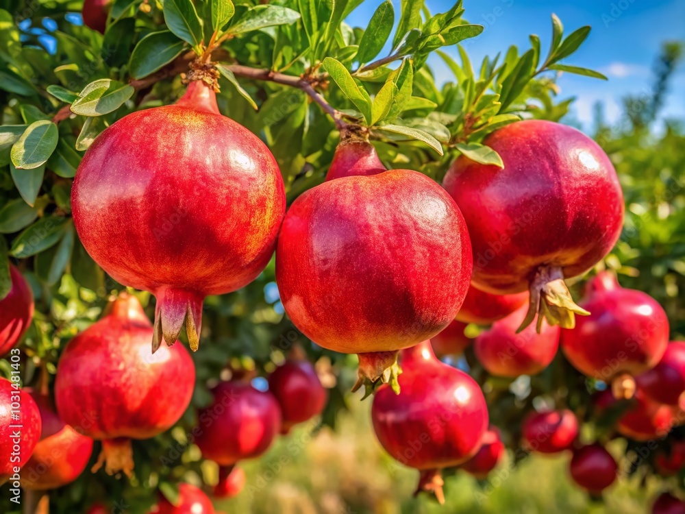 Lush Ripe Pomegranates Hanging on a Tree Branch in Nature's Bounty Perfect for Healthy Eating and Fresh Juice Lush Ripe Pomegranates Hanging on a Tree Branch in Nature's Bounty Perfect for Healthy Eating and Fresh Juice