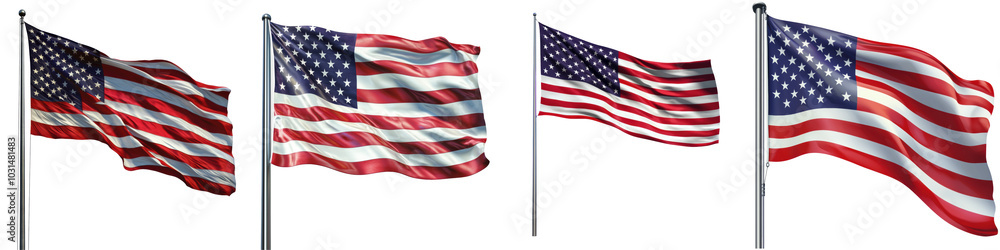 Fototapeta premium A series of waving American flags against a transparent background, showcasing movement and patriotism.