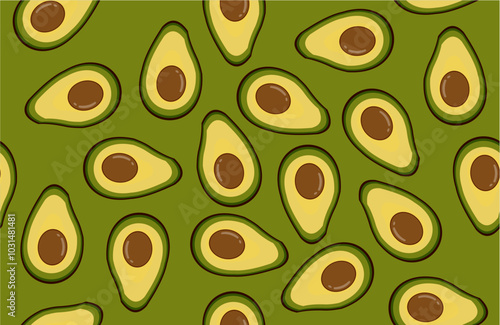 seamless pattern with avocado slices fruit on green background