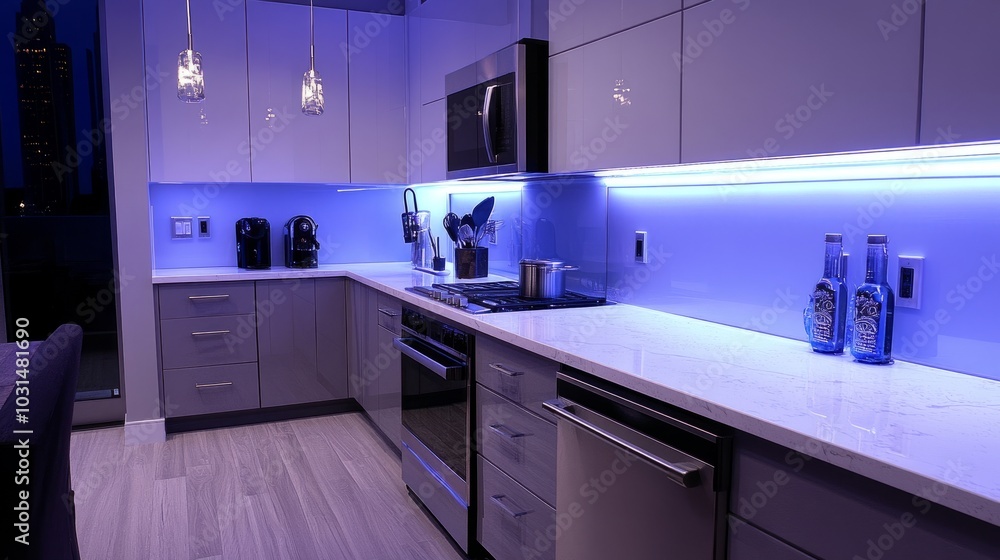 A sleek kitchen with motion-activated LED strips under cabinets, providing lighting exactly when needed. A sleek kitchen with motion-activated LED strips under cabinets, providing lighting exactly when needed.