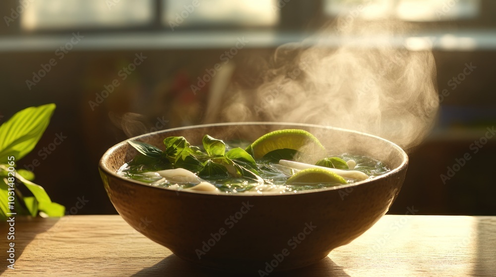 Steaming bowl of soup with fresh herbs and lime slices on a wooden table. Steaming bowl of soup with fresh herbs and lime slices on a wooden table.