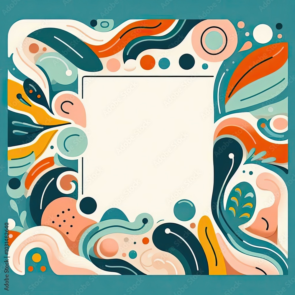 Fototapeta premium Create a vibrant greeting card design featuring an abstract playful border. Use colorful organic shapes such as teal, orange, soft pink, and cream. The center should be left blank for a personalized m
