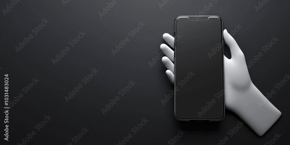 A hand holding a smartphone on a black background, an online business concept. A hand holding a smartphone on a black background, an online business concept.