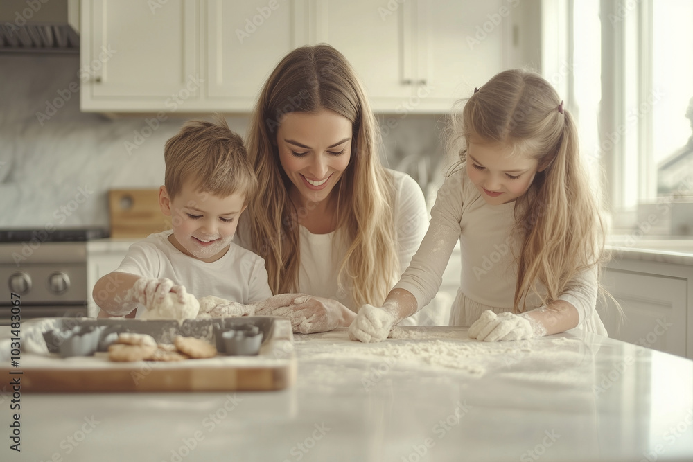 Mother baking cookies with her two young children in a bright kitchen Mother baking cookies with her two young children in a bright kitchen
