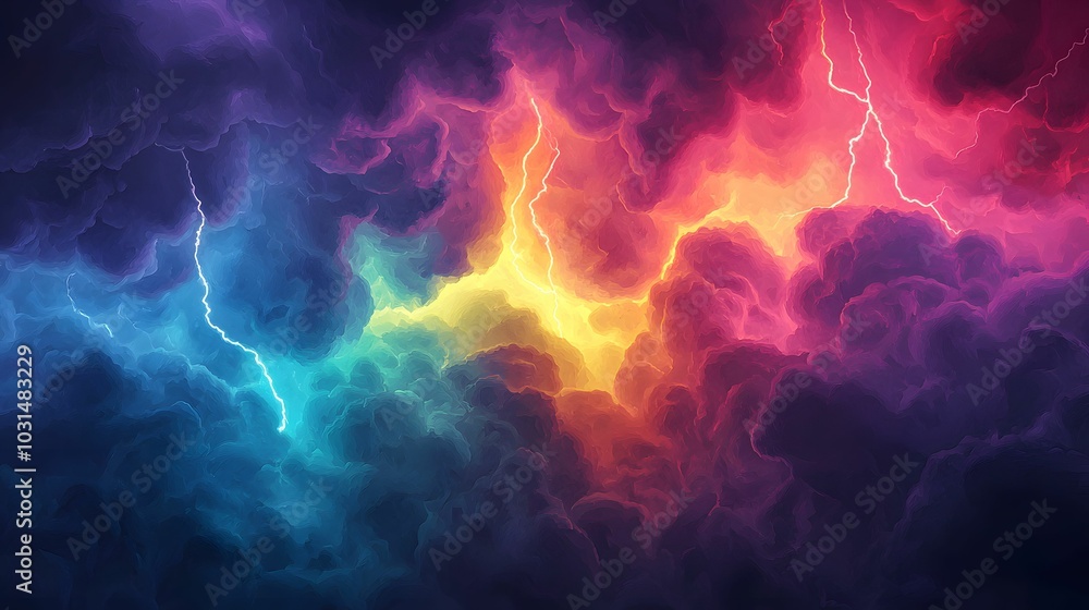 A vibrant display of swirling clouds illuminated by colorful lightning, blending hues of blue, pink, and orange in a dramatic sky. A vibrant display of swirling clouds illuminated by colorful lightning, blending hues of blue, pink, and orange in a dramatic sky.