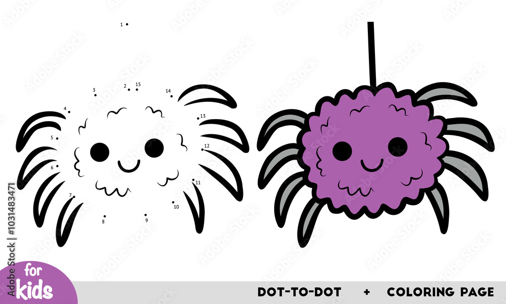 Obraz premium Cute cartoon character spider and web. Numbers game, education dot to dot game