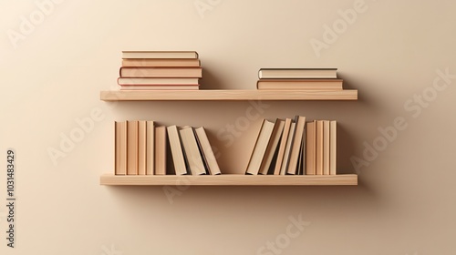 Minimalist bookshelf with neatly arranged books on wooden shelves against a beige wall, offering a stylish and organized decor element. photo