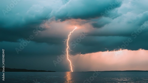 Wallpaper Mural A striking image capturing a bolt of lightning illuminating dark clouds above a calm body of water, creating a dramatic and atmospheric scene. Torontodigital.ca