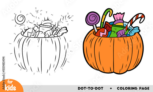 Cartoon Halloween pumpkin with sweets. Numbers game, education dot to dot game