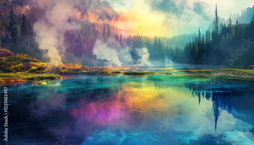 A deep valley dotted with geysers that spout steam in vivid rainbow colors. Pools of colorful hot springs reflect the sky above