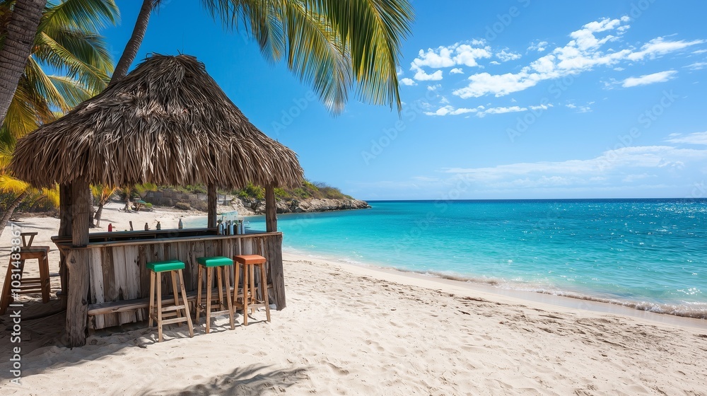 A serene beach scene featuring a thatched bar, palm trees, and clear blue waters under a bright sky. A serene beach scene featuring a thatched bar, palm trees, and clear blue waters under a bright sky.