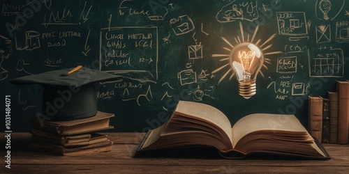 Open book and lit bulb on desk against chalkboard with formulas. Symbol of education, innovation, and knowledge.