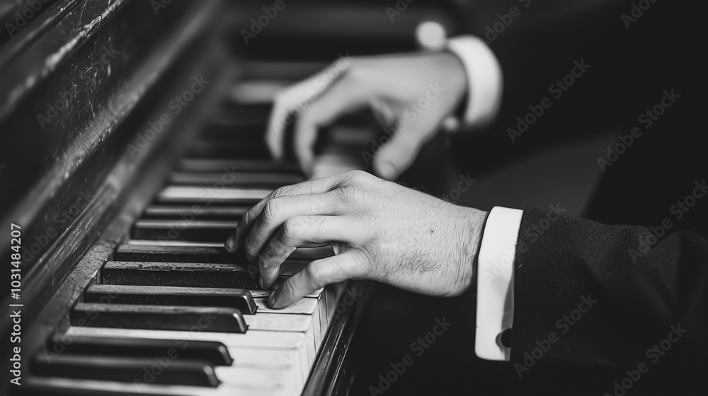 Obraz premium Elegant hands playing a vintage piano, capturing the essence of music and artistry in monochrome tones.