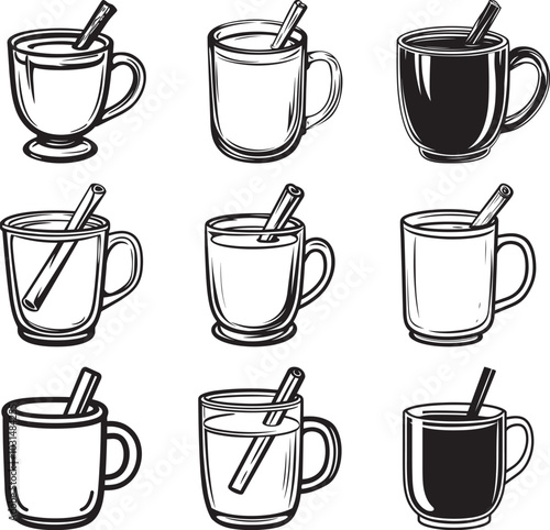 Collection of Glass mug of hot apple cider with a cinnamon stick clean simple vector silhouette black