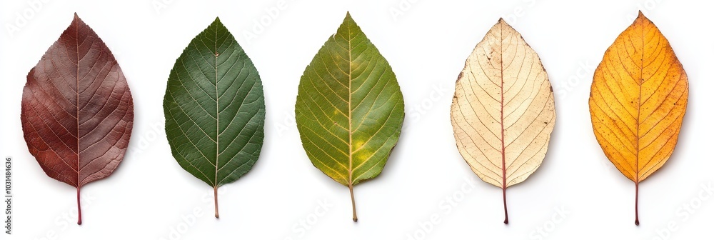 Obraz premium Close up of Five Leaves Showing Stages of Decay, from Deep Red to Golden Yellow