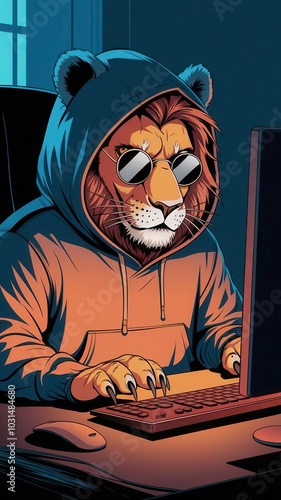 Lion is sitting in front of a computer keyboard