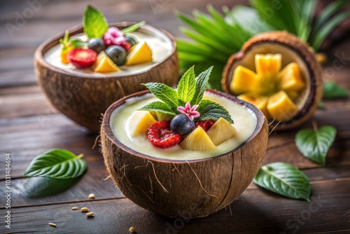 Tropical fruit salad in coconut bowl with mint garnish