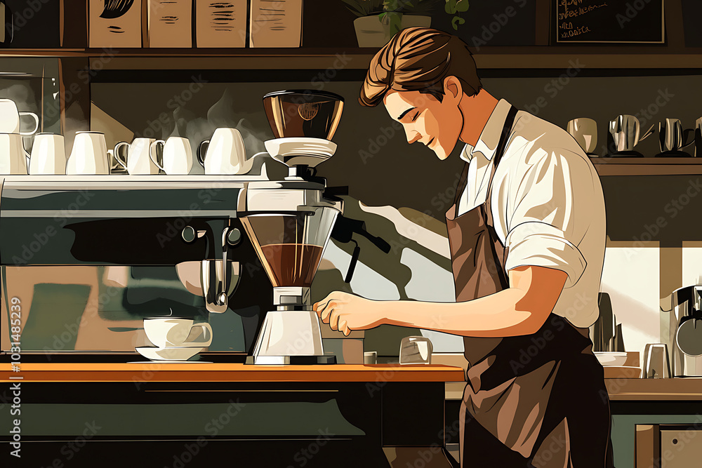 A barista prepares coffee in a cozy caf? setting, showcasing the art of brewing. A barista prepares coffee in a cozy caf? setting, showcasing the art of brewing.
