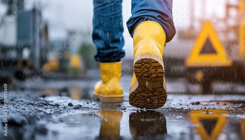 A person in yellow boots walking through a rainy, puddle-filled construction site.