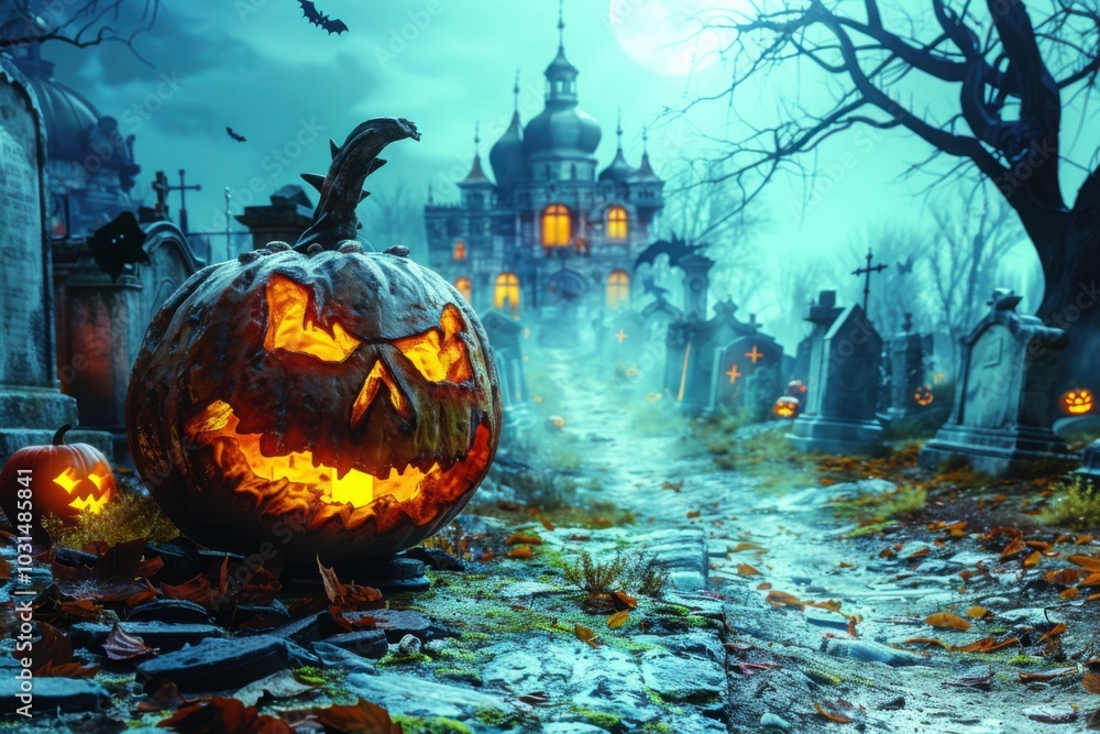 A spooky Halloween scene with a glowing jack o lantern, eerie graveyard, and a haunted house illuminated by a full moon

