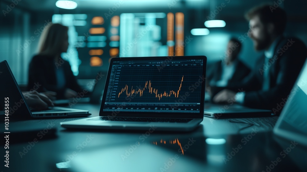 A business meeting with laptops displaying graph data, showcasing teamwork and analysis in a modern office environment. A business meeting with laptops displaying graph data, showcasing teamwork and analysis in a modern office environment.