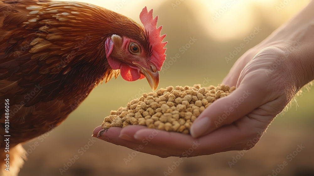 Fototapeta premium A close-up of a hen pecking at grains from a hand, showcasing the bond between humans and livestock.